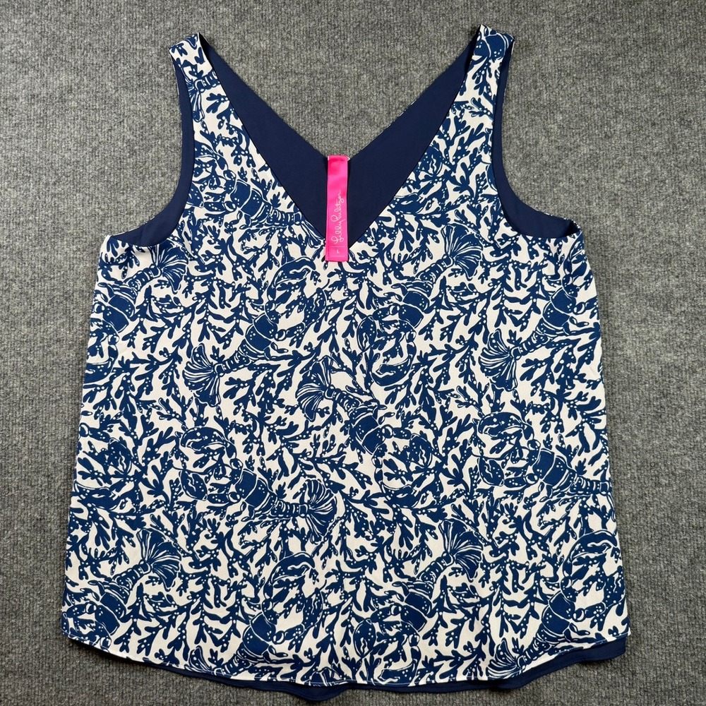 Lilly Pulitzer Florin Reversible Tank Top Womens Large Navy Blue Lobster Print